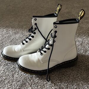 Dr. Martens White Leather Lace-Up Combat Boots with Black Trim